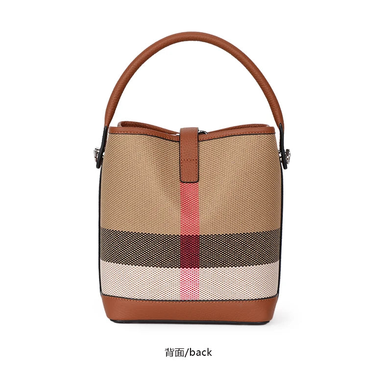 New canvas paired with cowhide women's shoulder crossbody bag, fashionable plaid pattern bucket bag