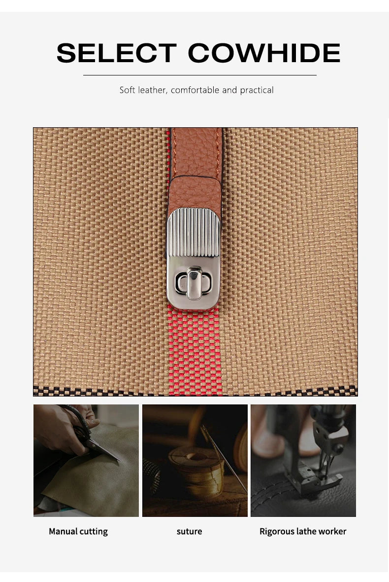 New canvas paired with cowhide women's shoulder crossbody bag, fashionable plaid pattern bucket bag