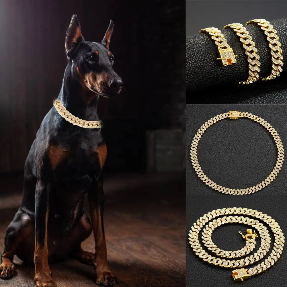 Cuban Chain Dog Collar Stainless Steel Adjustable Safety Buckle Walking Collar for Small Medium Breeds