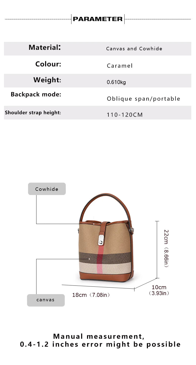 New canvas paired with cowhide women's shoulder crossbody bag, fashionable plaid pattern bucket bag