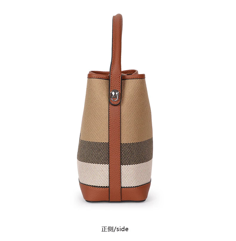 New canvas paired with cowhide women's shoulder crossbody bag, fashionable plaid pattern bucket bag