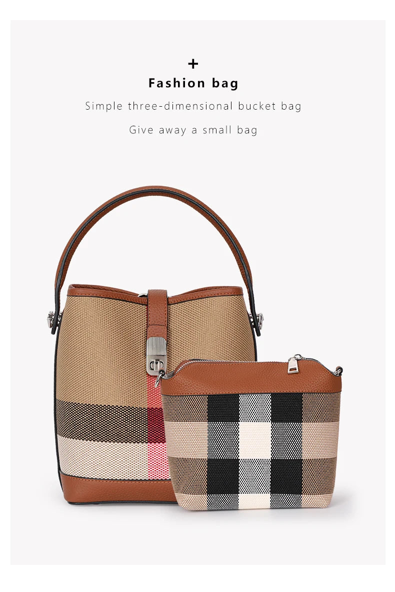 New canvas paired with cowhide women's shoulder crossbody bag, fashionable plaid pattern bucket bag
